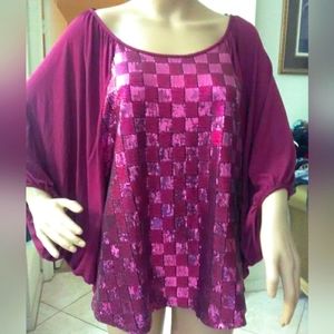 BNWOT VAVA BY JOY HAN BLOUSE SEQUINS SZ. LG PURPLE HUGE HUGE SLEEVES SOFT